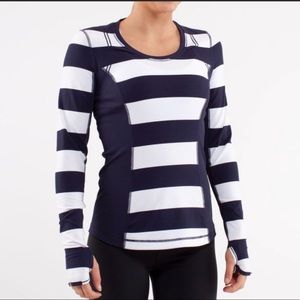Lululemon RUN SWITCHBACK long sleeve navy blue stripe running shirt